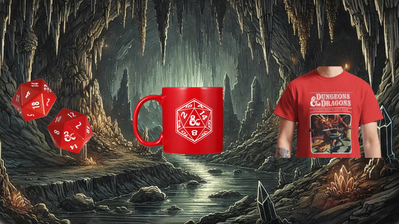 An assortment of DnD gift ideas, including a Dungeons & Dragons mug, shirt and dice set.