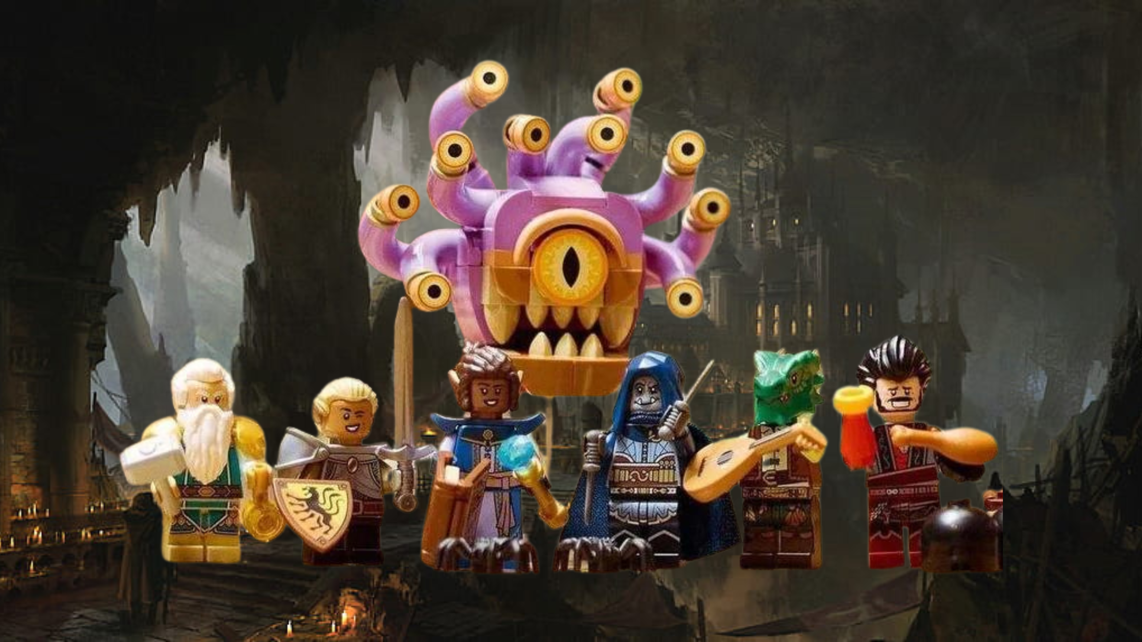 The six mini figures and the beholder monster included in the new DnD LEGO set known as "Red Dragon Tale."