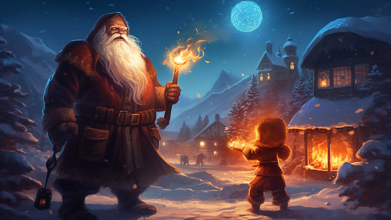 DnD artwork featuring Santa Claus outside his workshop holding a burning torch and talking to an elf.