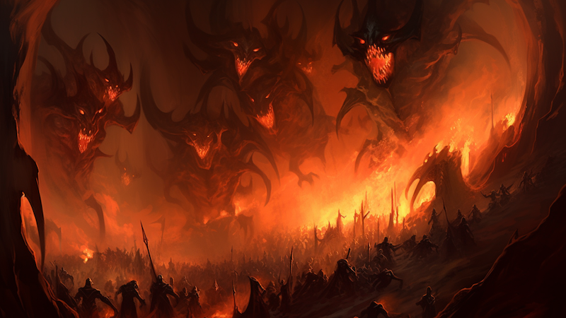Art from the new DnD adventure "Chains of Asmodeus," featuring an army of demons marching through Hell.