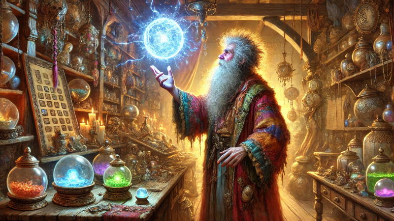 DnD 2024 Black Friday promotional art, featuring a wizard in a shop filled with magical items, books and equipment.