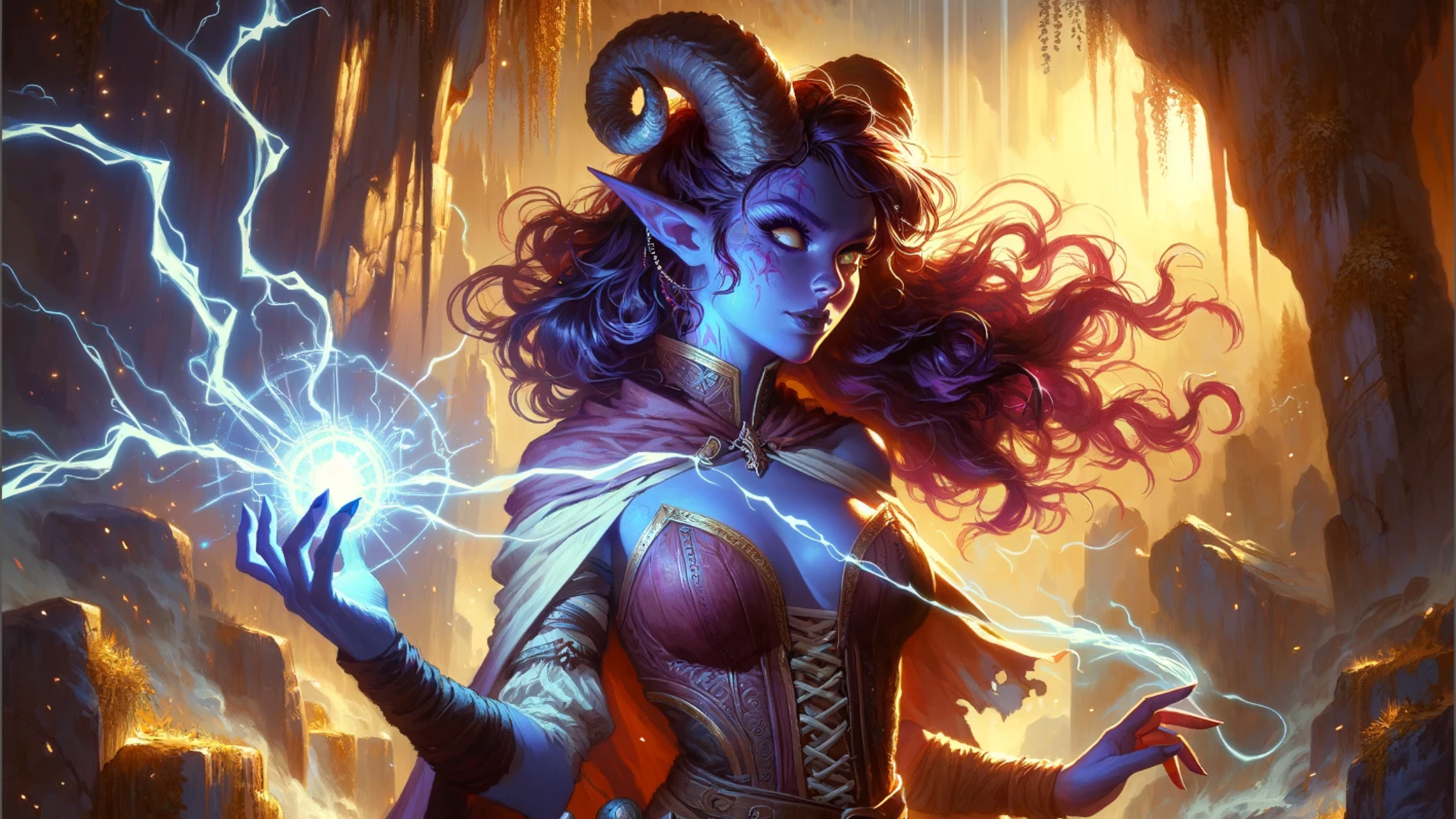 A beautiful tiefling sorceress from DnD casting a lightning spell.