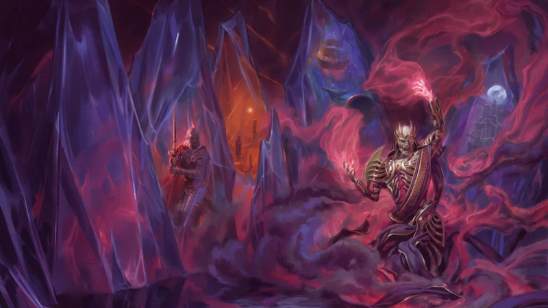 Art from the new 2024 DnD campaign "Vecna: Eve of Ruin," featuring the legendary arch-lich in a strange caver filled with purple crystals.