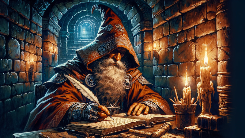 A DnD wizard pouring over a notebook in his study.