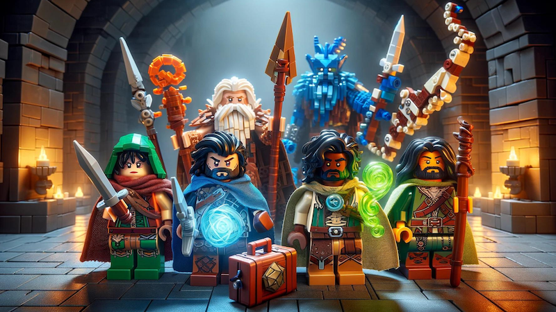 A group of adventurers as DnD LEGO mini figures wandering in a dungeon.