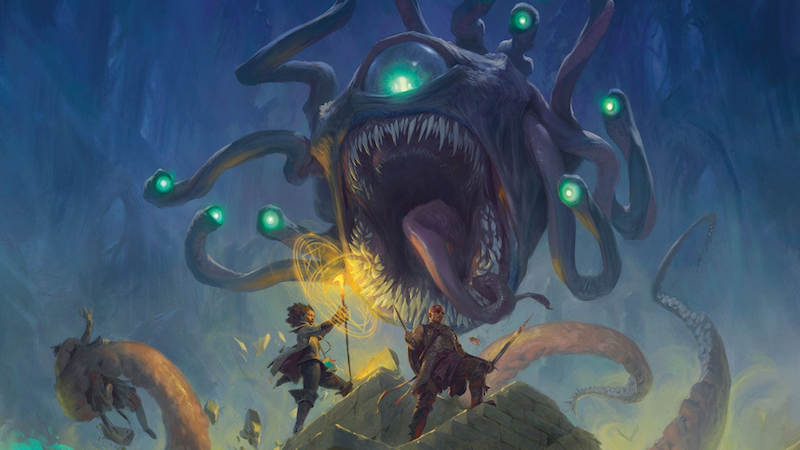 The official cover art for the new 2025 Dungeons & Dragons Monster Manunal, featuring a massive beholder about to attack to adventurers in a cavern.