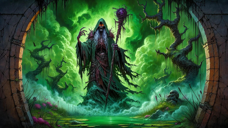 Artwork inspired by the D&D Onslaught starter set: Tendrils of the Lichen Lich, featuring an undead wizard standing in a swamp.
