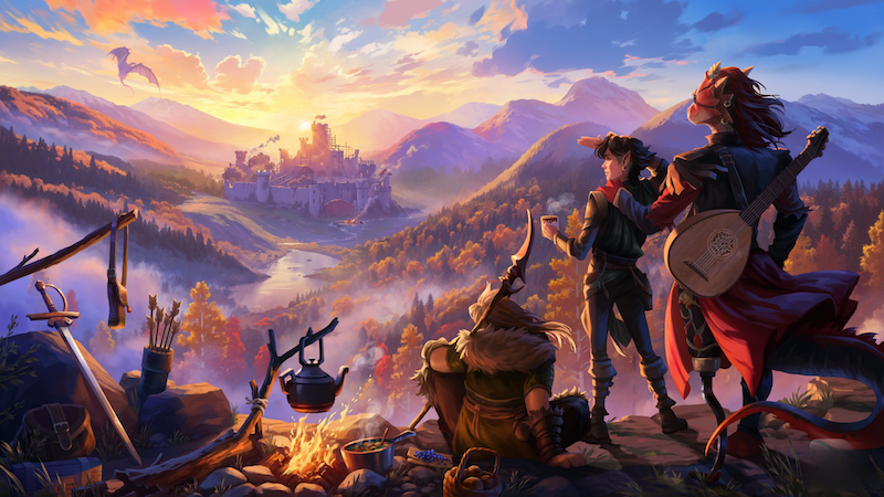 Official teaser art for Gameloft Montreal's upcoming DnD video game, showing three adventurers looking out over a beautiful mountain range.