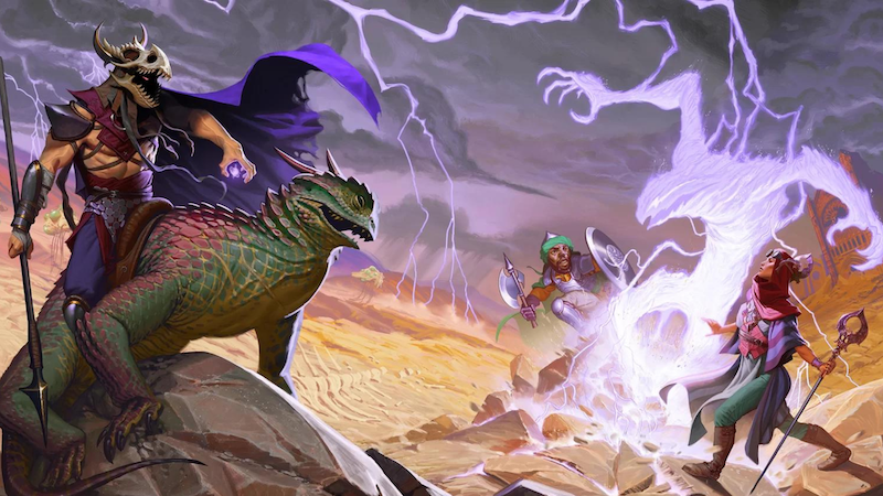 Official artwork from Kobold Press for "Tome of Beasts 1" for D&D Beyond, featuring a group of adventurers in the desert fighting a shadowy phantasm.