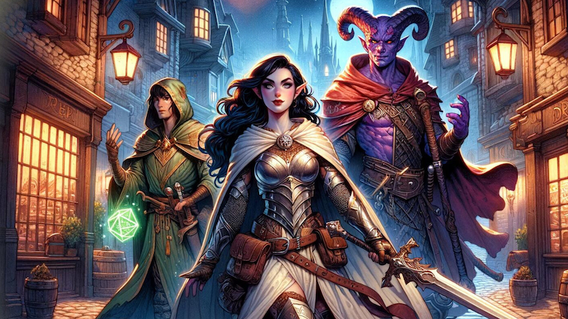 A group of three DnD classes: a beautiful elven fighter, a green robed human male cleric and male tiefling warlock all standing on the streets of Waterdeep.