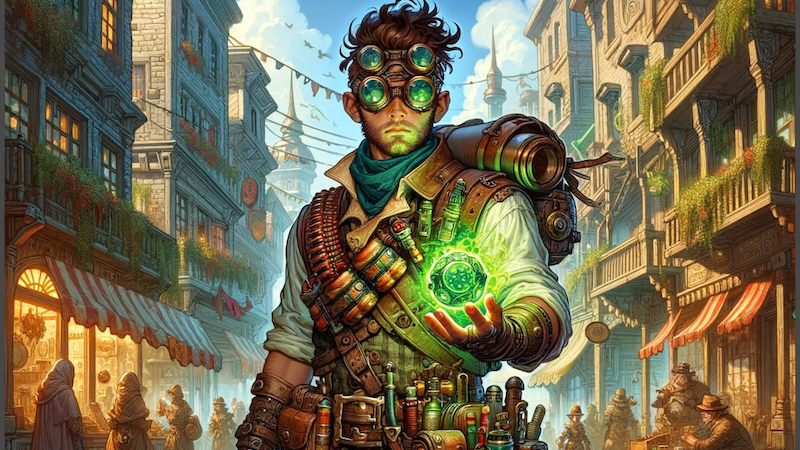 An illustration of the Artificer from DnD 5e covered in bandoliers of gadgets and wandering down the streets of Waterdeep.