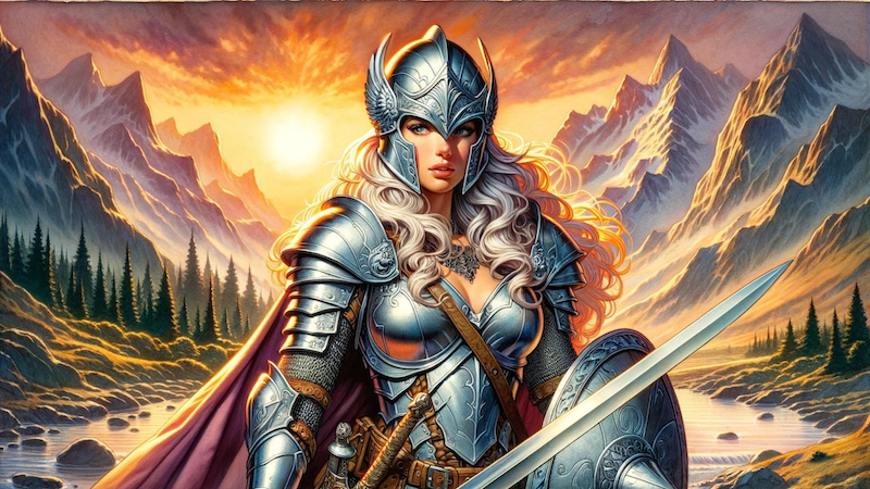 DnD 5e artwork featuring a beautiful female Fighter in her armor and sword, standing against a backdrop of mountains at sunset.