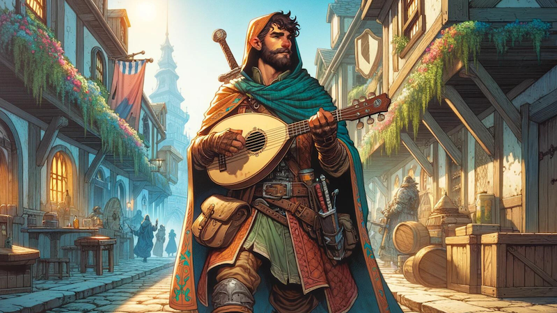 A Bard from DnD 5e wandering down a city street playing a lute. He is wearing a traveling clock and has a sword at his side.