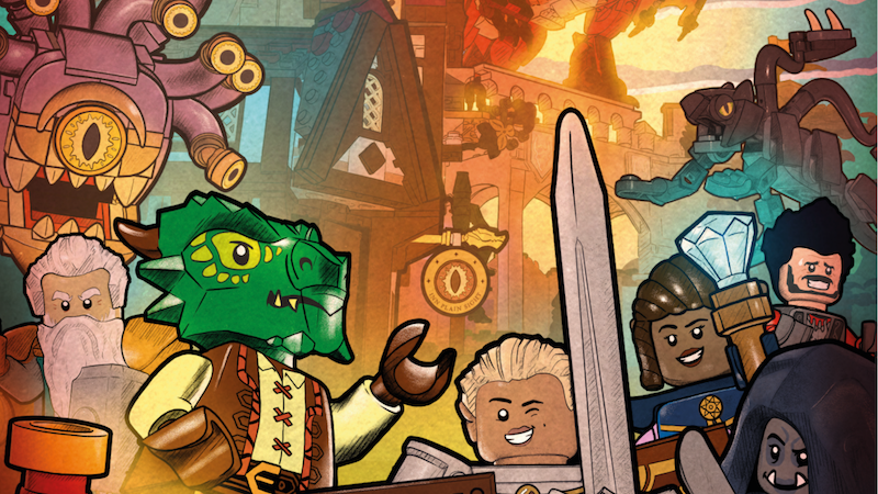 Cover art to the new DnD LEGO adventure "Red Dragon's Tale," featuring a group of LEGO mini figure adventures.