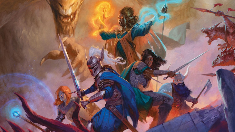 Art from the new revised 2024 Player's Handbook for DnD 5e, featuring a group of adventurers fighting several dragons in an underground cavern.