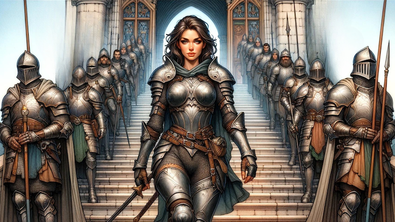 A beautiful female warrior walking down a set of stairs flanked by an army of knights.
