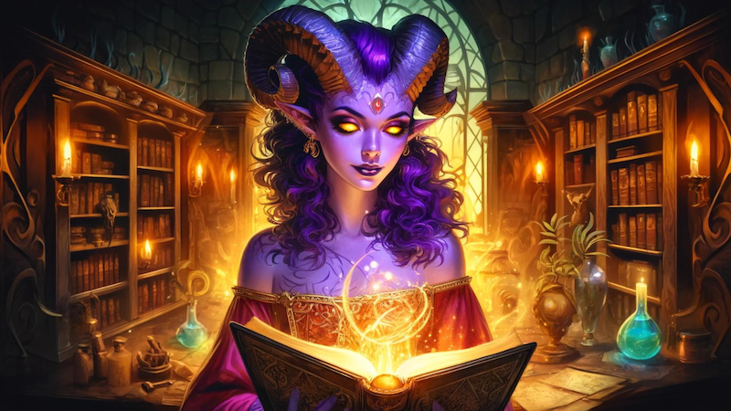 Artwork that has appeared in several DnD 5e books, featuring a beautiful purple skinned tiefling reading from a glowing magical book.