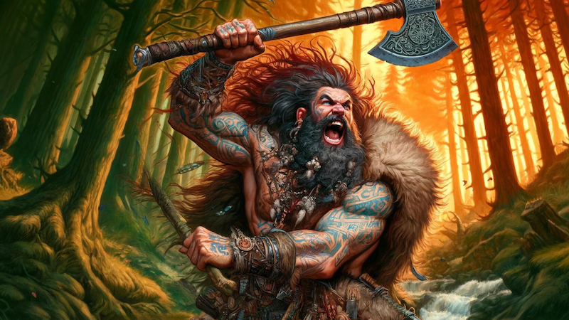 DnD 5e artwork featuring a Barbarian warrior charging into battle in the woods.