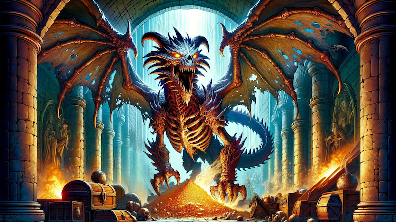 An undead dragon standing over a treasure horde.