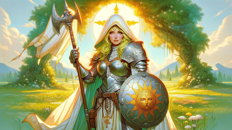 DnD 5e art featuring a beautiful blonde haired female Cleric in a meadow holding a spear and shield and surrounded by divine holy light.