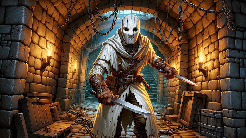 Concept art for the upcoming "Dead by Daylight" D&D crossover, featuring a masked slasher wandering in a dungeon and wielding two knives.