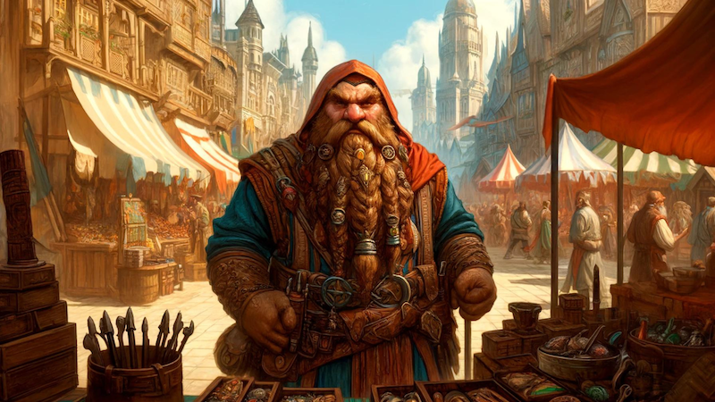 D&D Beyond artwork featuring a dwarven merchant selling his wares at a stand in a fantasy city marketplace.