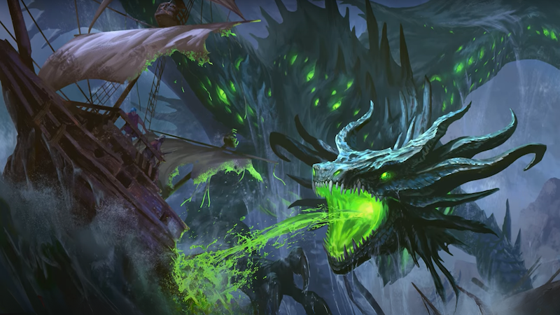 Art from the D&D Beyond book "Flee, Mortals," featuring a giant dragon spitting glowing green acid onto a sailing ship at night.