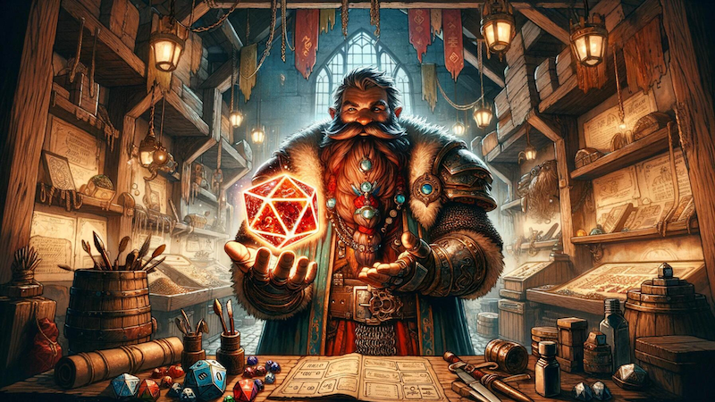 A dwarven craftsman holidng up a glowing red crystal hit dice in his workshop.