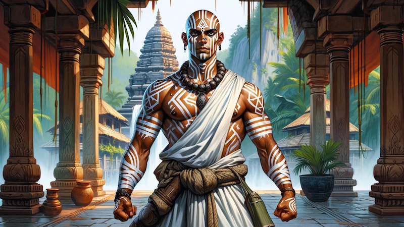 DnD 5e artwork featuring a monk. He is of East Indian decent with his body covered in white paint. Behind him is a South Asian style temple emerging from the jungle.