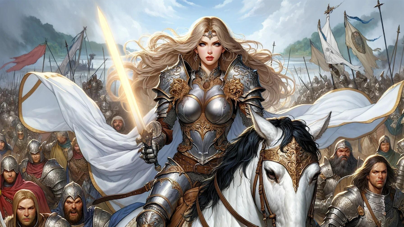 DnD 5e art featuring a beautiful female Paladin riding atop a white horse. She is holding a glowing sword and leading an army of men into battle.