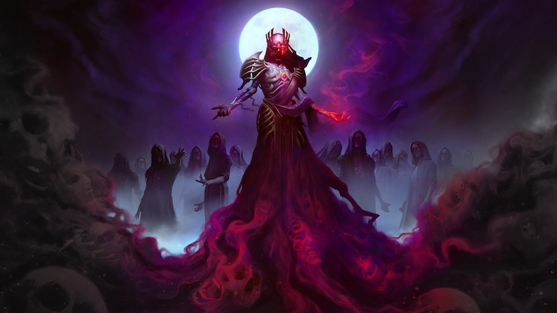 Art from the new 2024 DnD campaign "Vecna: Eve of Ruin," featuring the legendary arch-lich in a cemetery under a full moon surrounded by zombies.