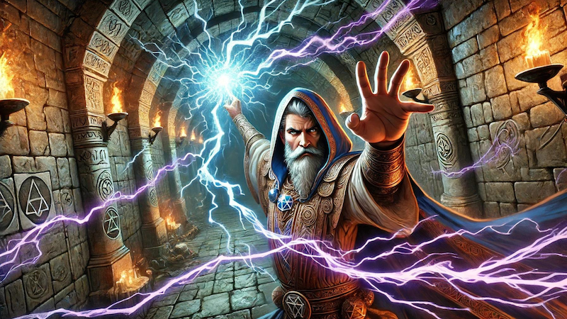 A Wizard from DnD 5e casting a lightning bolt spell in a dungeon.