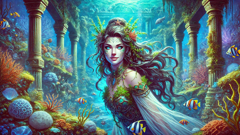 DnD 5e art featuring a beautiful female druid from the Circle of the Sea deep underwater exploring a set of ancient ruins.