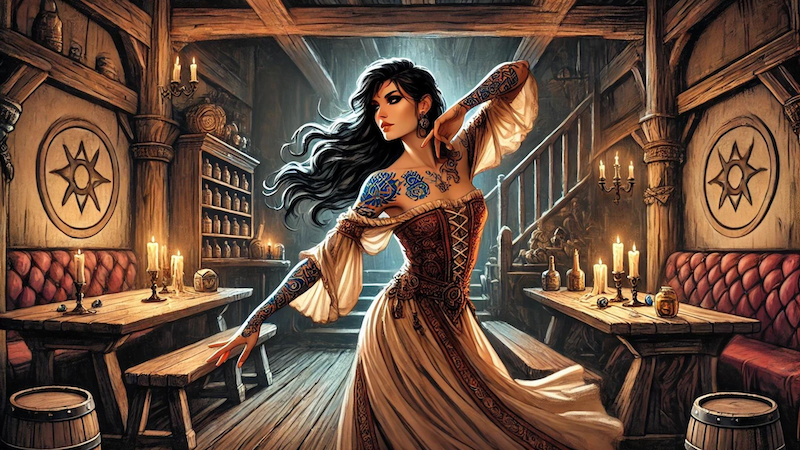 A DnD 5e Bard from the College of Dance performs a graceful, candlelit dance in a dark tavern.