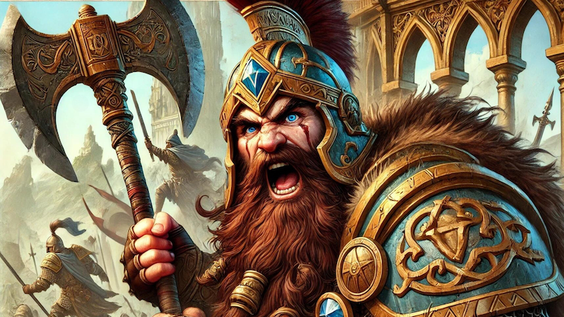 New 2024 artwork for DnD 5e featuring a dwarf fighter in armor screaming and charging into battle with an axe.