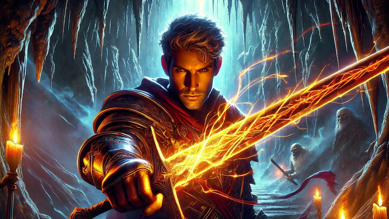 New 2024 DnD 5e artwork, featuring a Paladin with a flaming holy sword entering into a dark cavern filled with the undead.