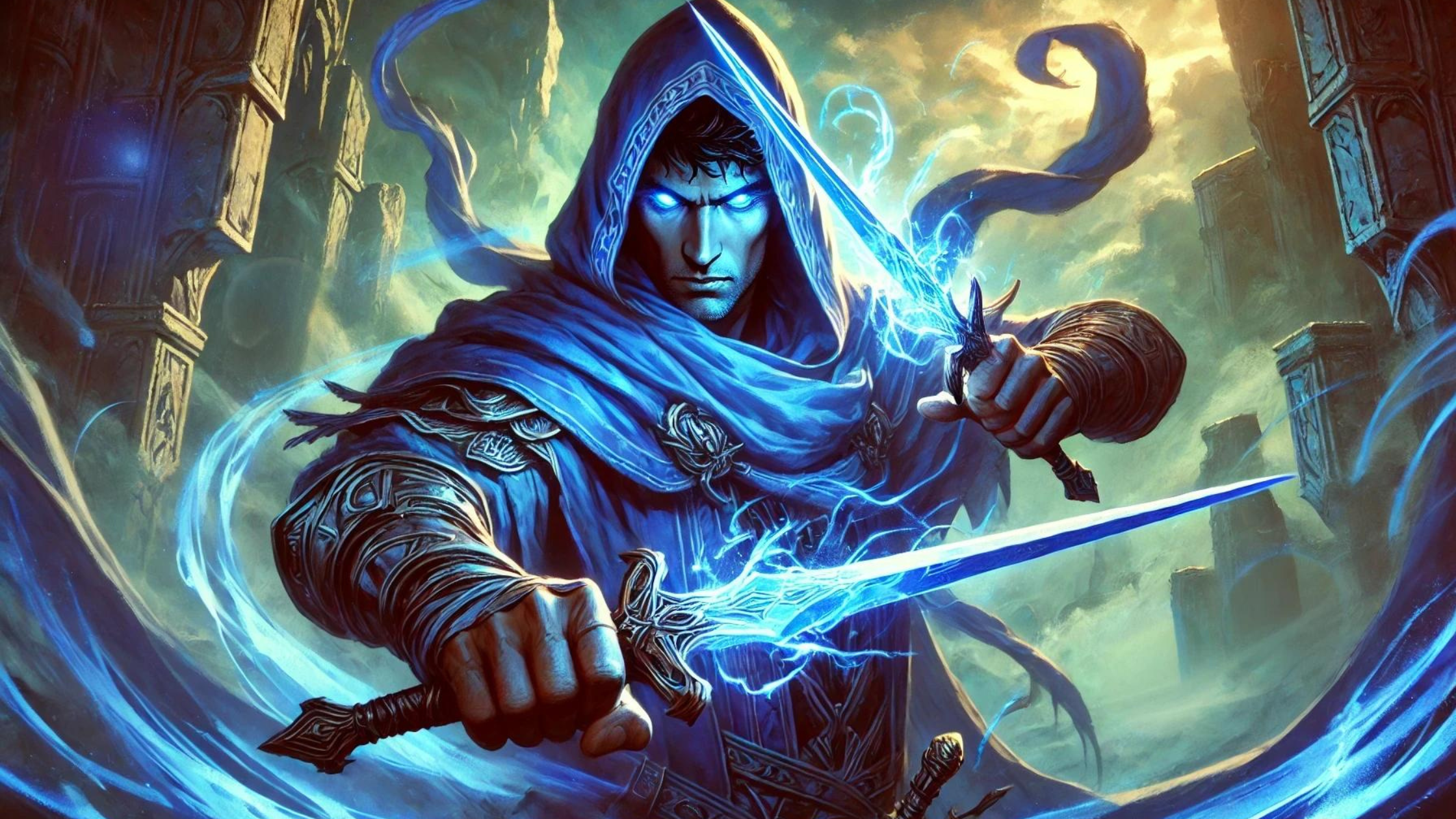 New 2024 art for DnD 5e featuring a Soulknife Rogue on the streets of a fantasy city wielding two glowing blue daggers.