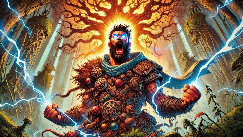 A DnD 5e Barbarian following the Path of the World Tree is infused with power from a magical glowing tree, with his eyes glowing and screaming in rage.