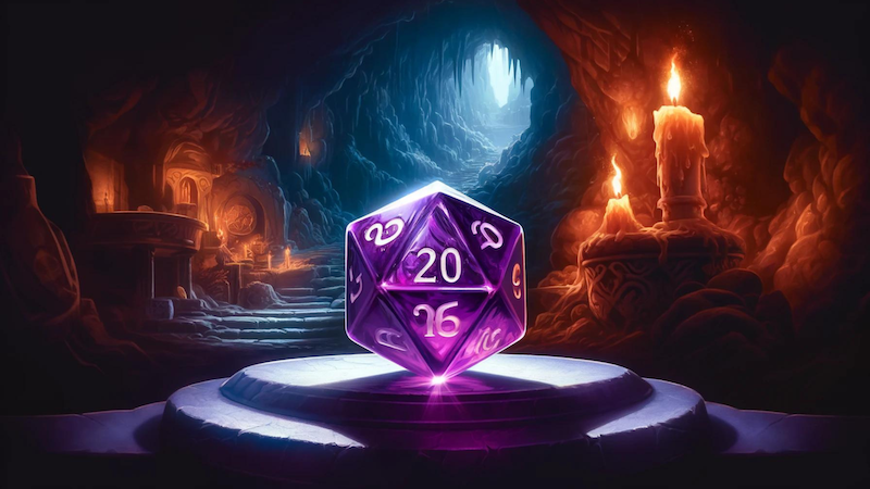 A purple crystal 20-sided dice in a torchlit underground cavern, representing the recent Roll20 acquisition of Demiplane.
