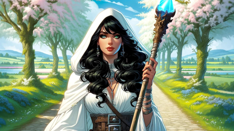 A beautiful dark-haired female Wizard from DnD 5e wearing white robes and holding a staff with a glowing magical crystal, walking down a country road on a bright spring day.
