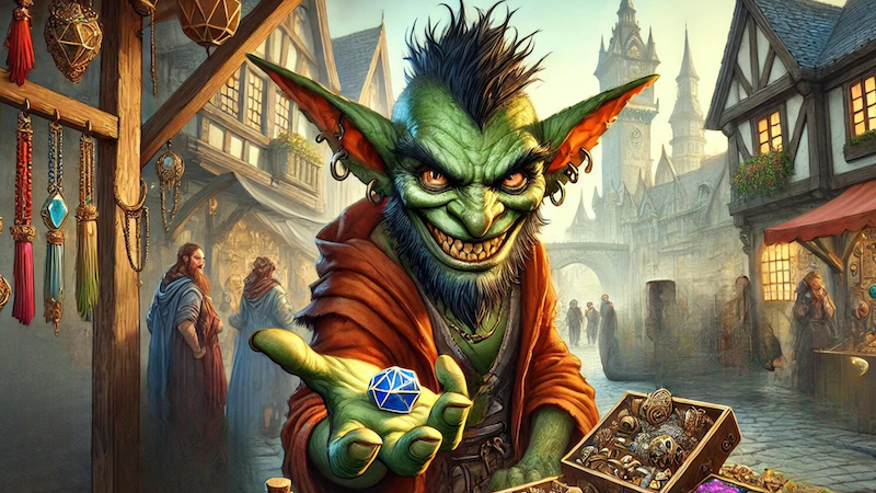A grinning goblin from DnD holding out a dice in a stall located in a fantasy city market.