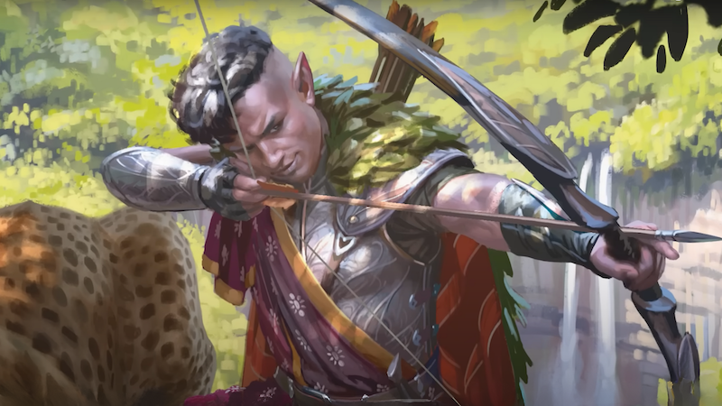 Official DnD 5e art featuring an elven Ranger in the woods preparing to fire a bow and arrow.