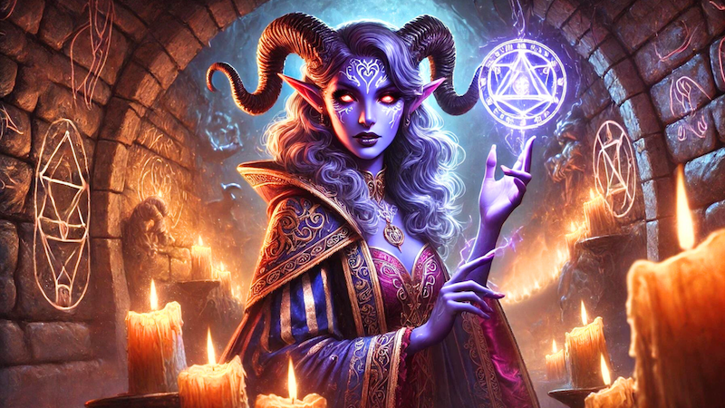 New DnD 5e art from 2024 featuring a beautiful, purple-skinned tiefling warlock casting a spell in an underground candlelit stone chamber.