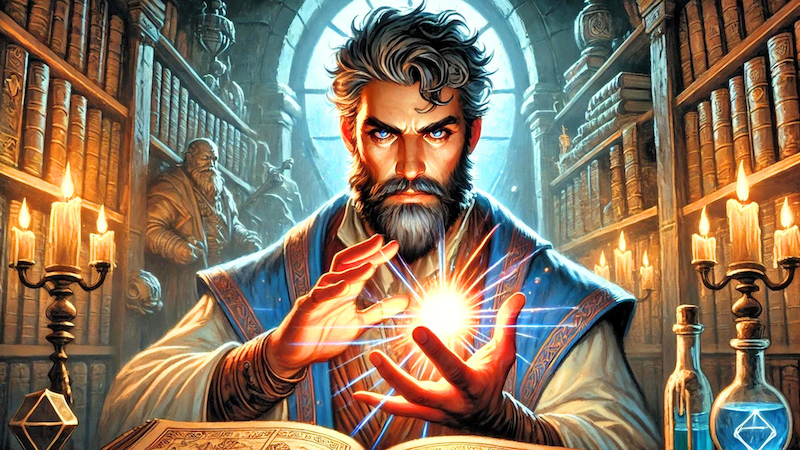 New DnD 5e art from 2024 featuring a handsome wizard in a study summoning a magical ball of light.