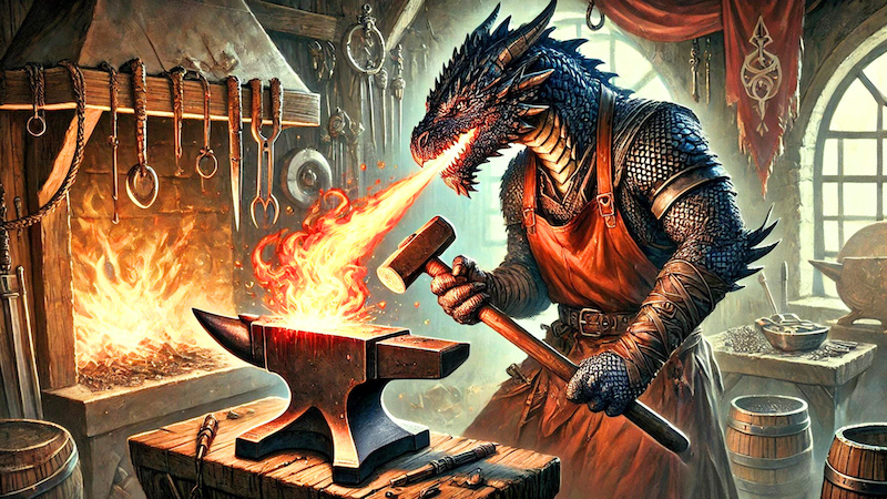 A Dragonborn blacksmith from DnD 5e blowing fire onto an anvil as her crafts an item in his forge.