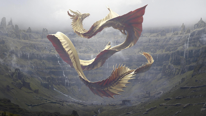 Official art from Wizards of the Coast featuring the new DnD gold dragon for 2024 flying over the air with its sinuous body.