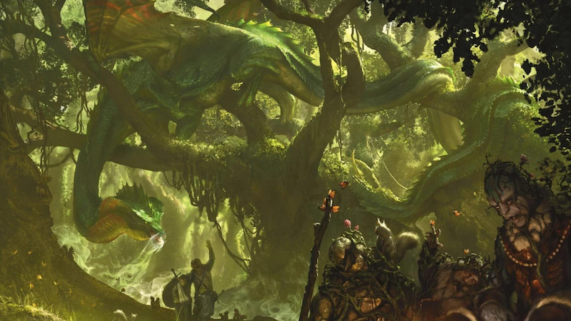 Official DnD 5e art from the 2025 Monster Manual featuring a green dragon in the depths of a massive forest.