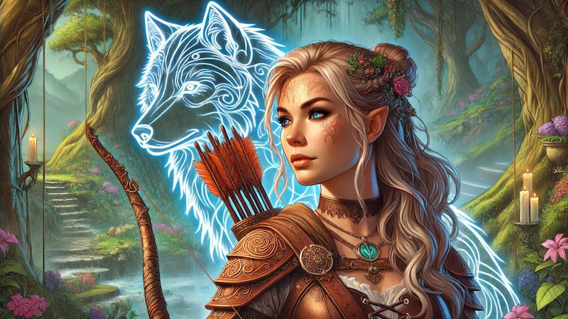 New DnD 5e artwork from 2024 featuring a beautiful elven Druid surrounded by the glowing magical outline of a wolf Wild Shape.