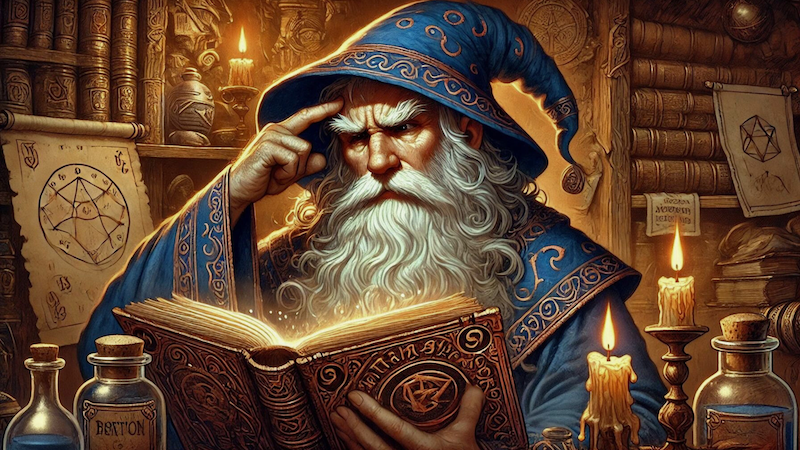 A wizard from DnD looking at a magical book and scratching his head in confusion.
