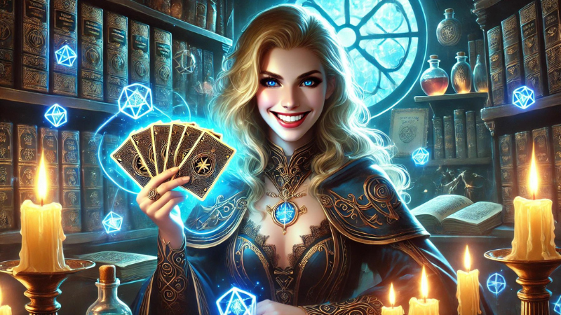 A beautiful female wizard holding a set of Magic: The Gathering Cards.